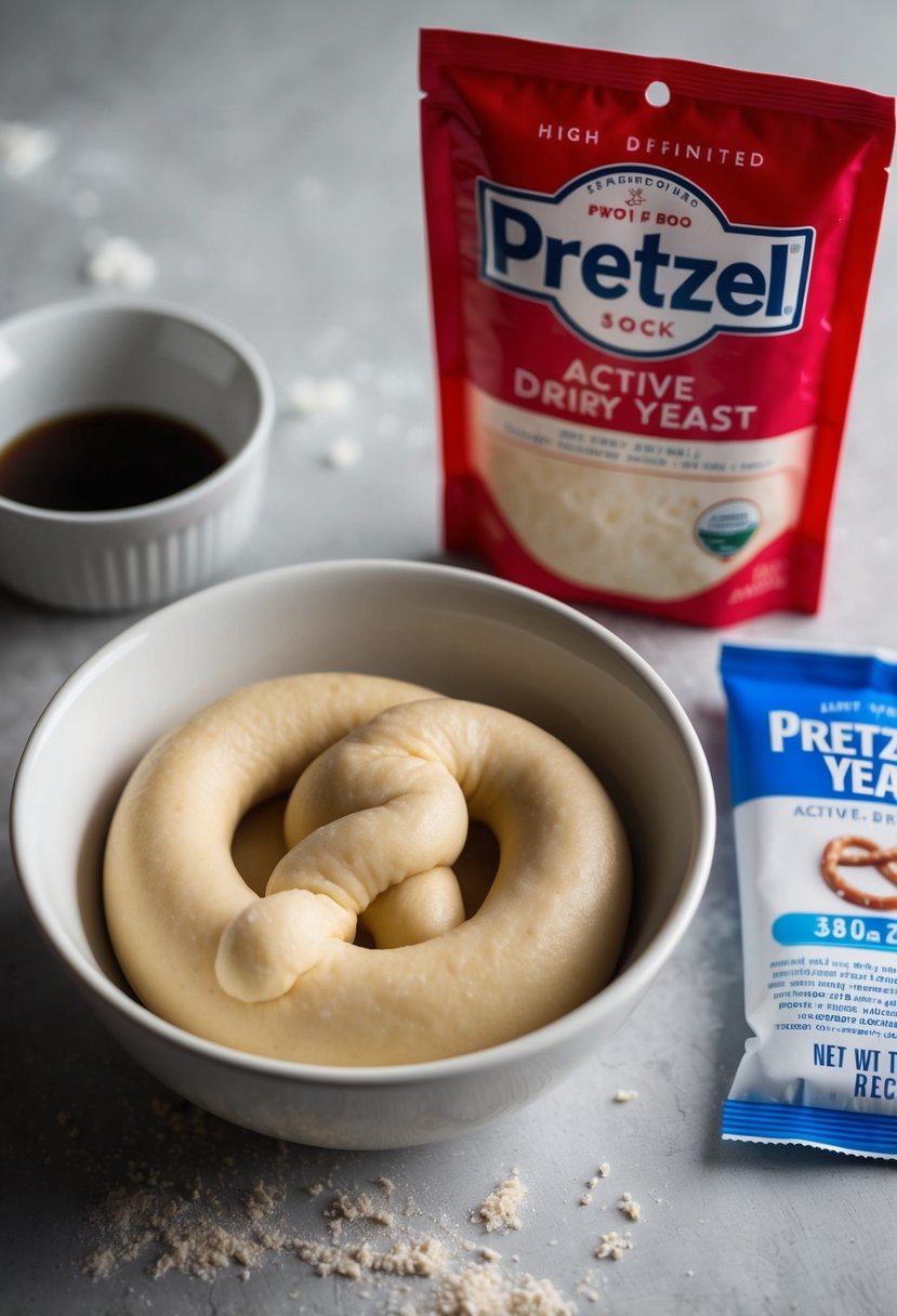 A bowl of pretzel dough rising next to a packet of active dry yeast