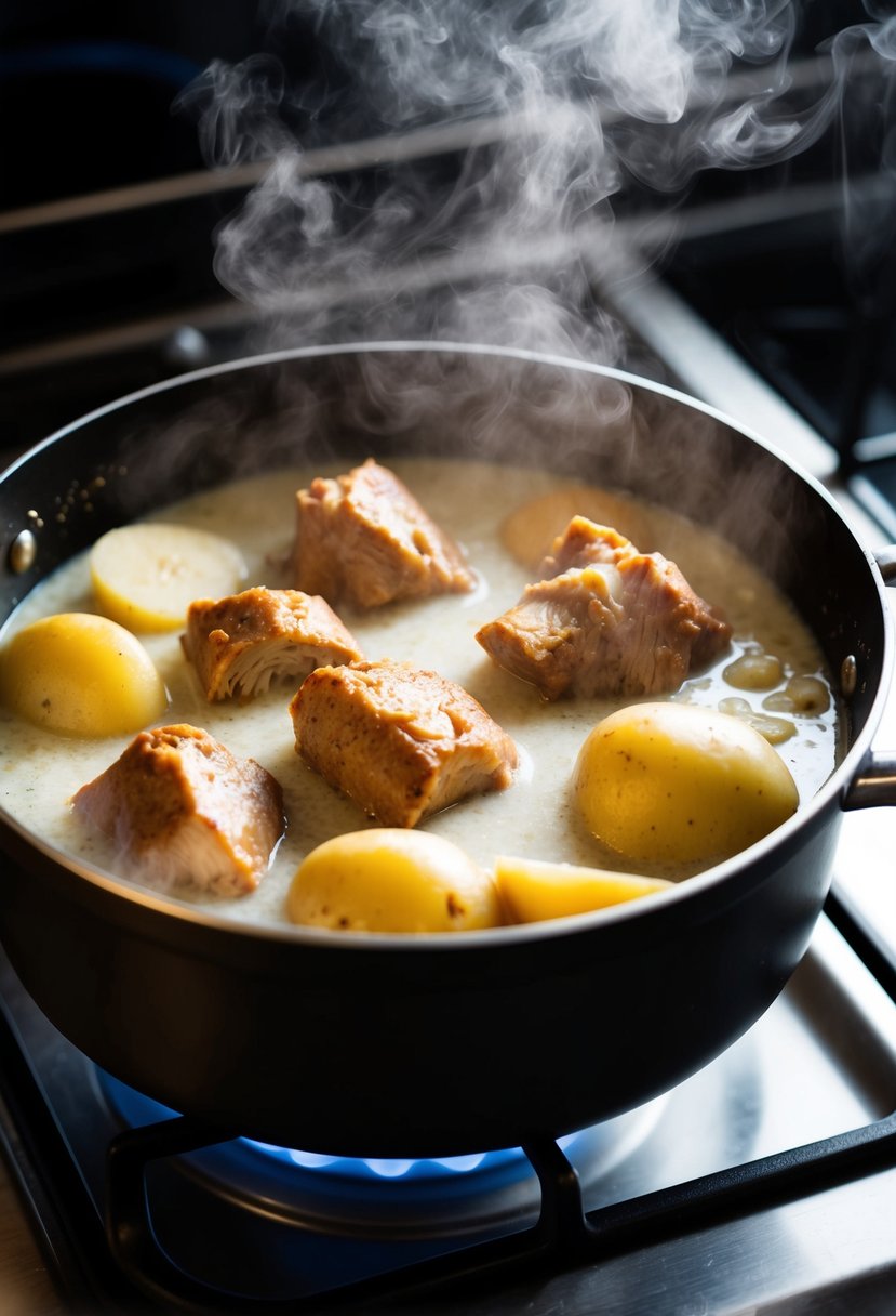 A pot simmering on a stove, filled with tender pieces of meat and potatoes in a savory white adobo sauce, surrounded by aromatic steam