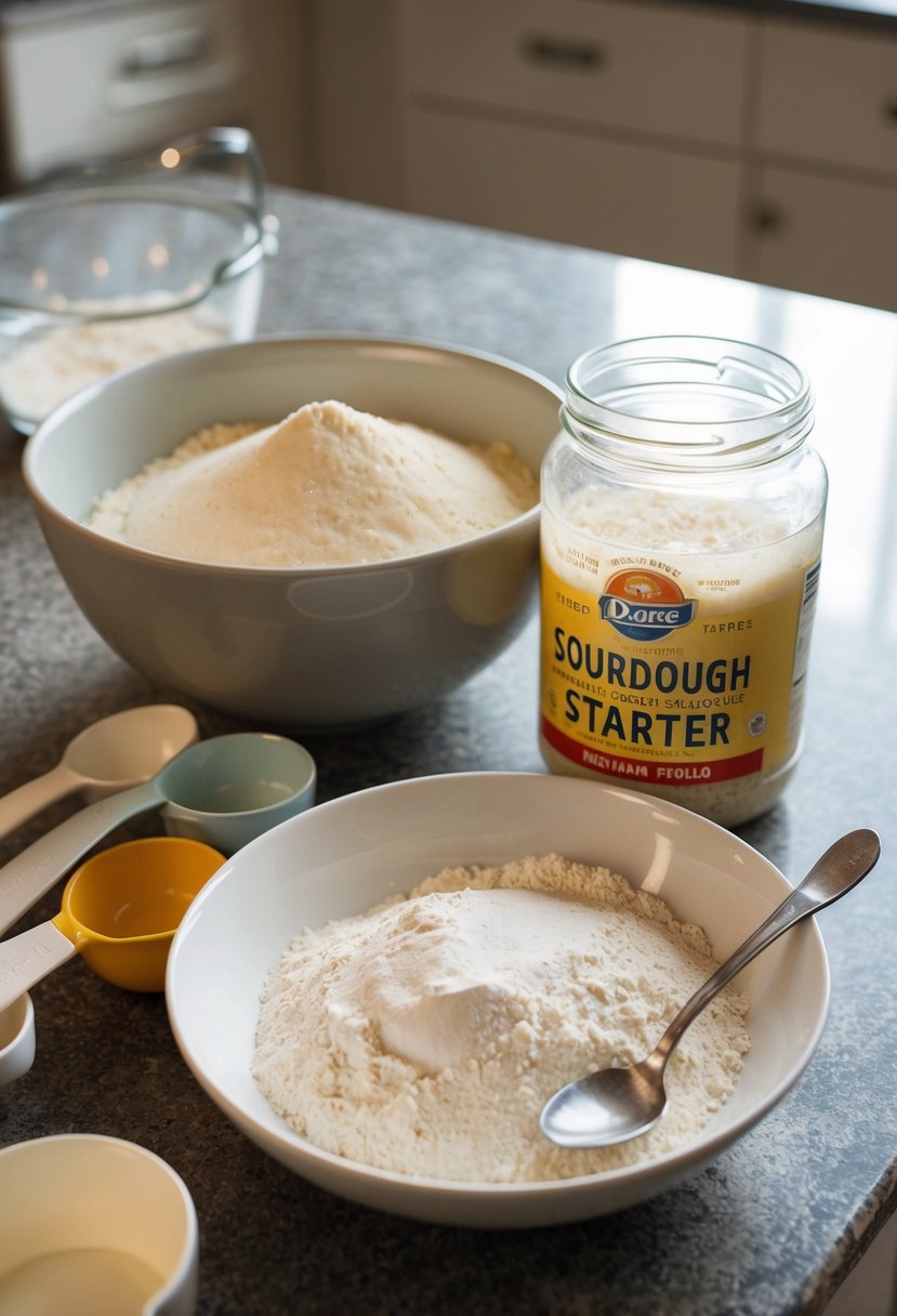 A kitchen counter with a bowl of active dry yeast, flour, and a jar of sourdough starter, surrounded by measuring cups and a mixing spoon