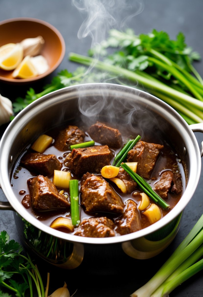 A steaming pot of beef adobo simmering with lemongrass, garlic, and soy sauce, surrounded by fresh herbs and spices