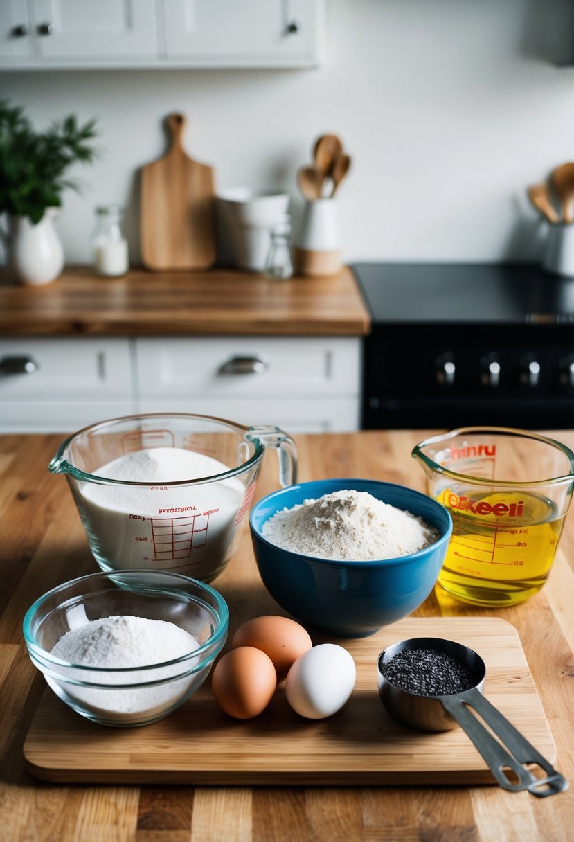 A kitchen counter with ingredients for Poppy Seed Challah: flour, sugar, salt, yeast, oil, eggs, and poppy seeds. A mixing bowl and measuring cups are also present