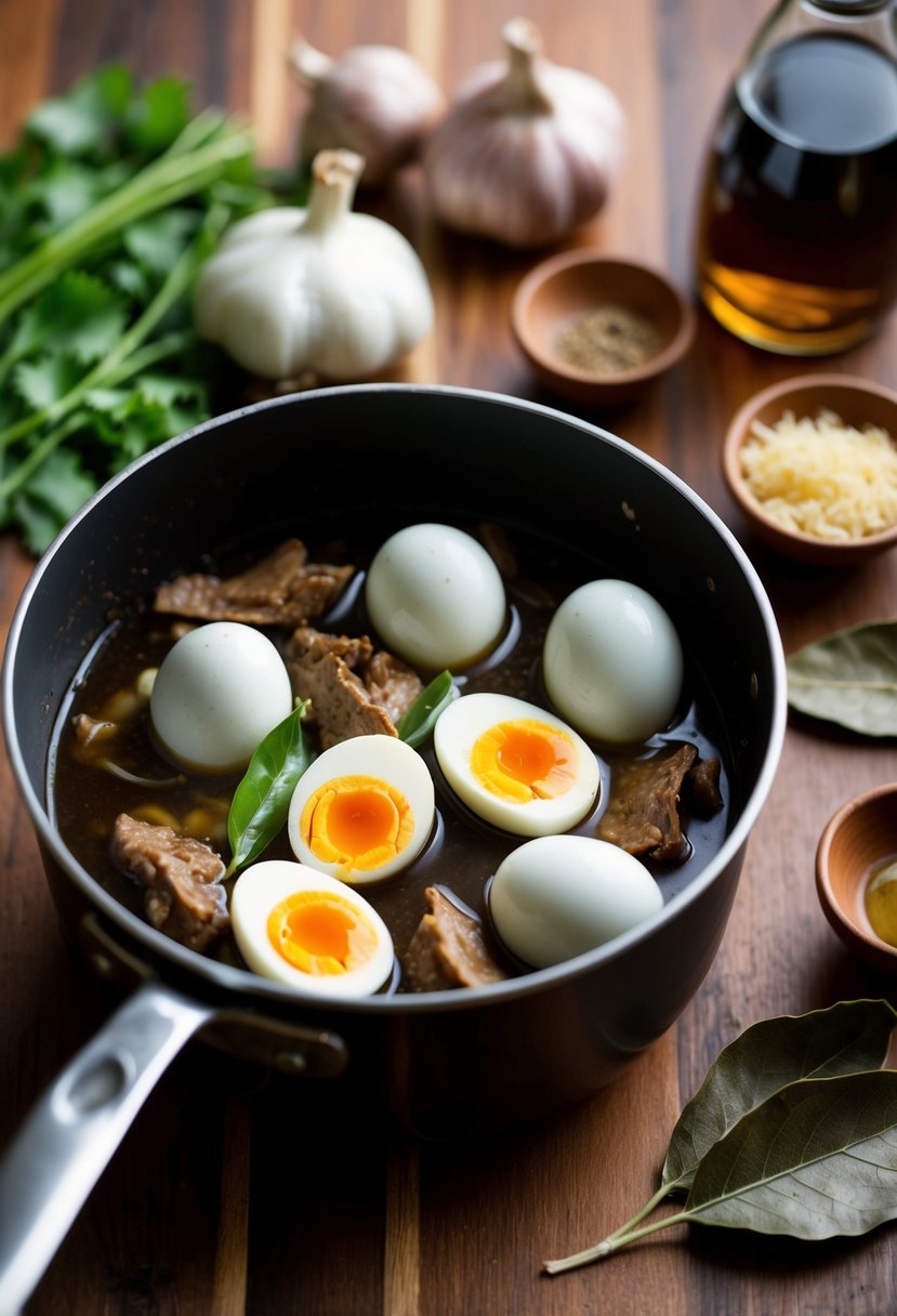 A simmering pot of adobo with quail eggs, surrounded by ingredients like garlic, bay leaves, and vinegar