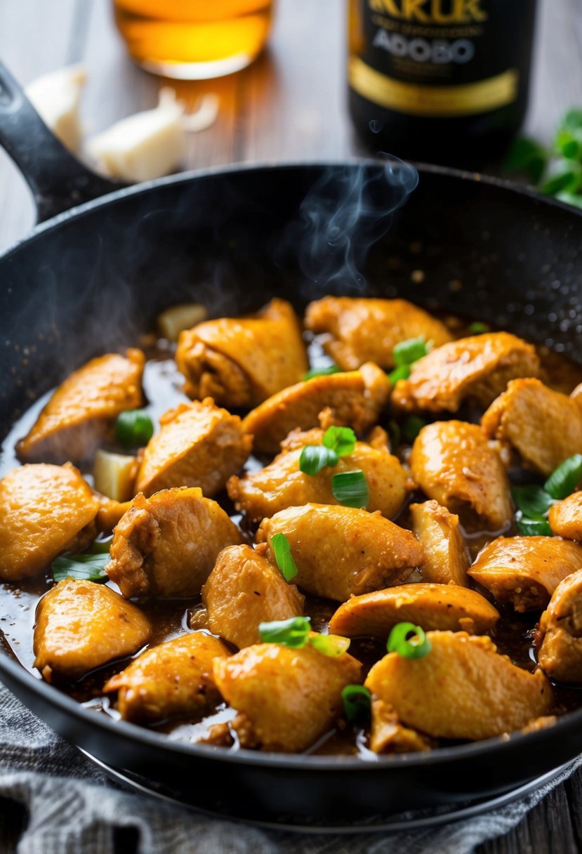 A sizzling skillet of spicy chicken liver adobo simmers with garlic, soy sauce, and vinegar, emitting a mouthwatering aroma