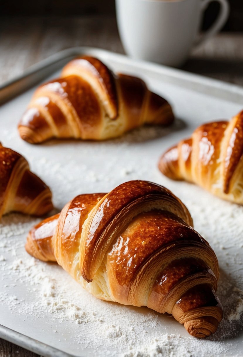 Freshly baked croissants rising on a floured surface. Yeast and butter aromas fill the air