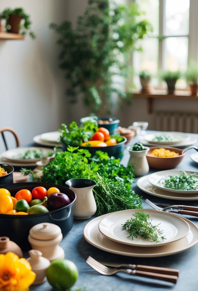 A table set with colorful ingredients, vintage cookware, and fresh herbs, surrounded by soft natural light