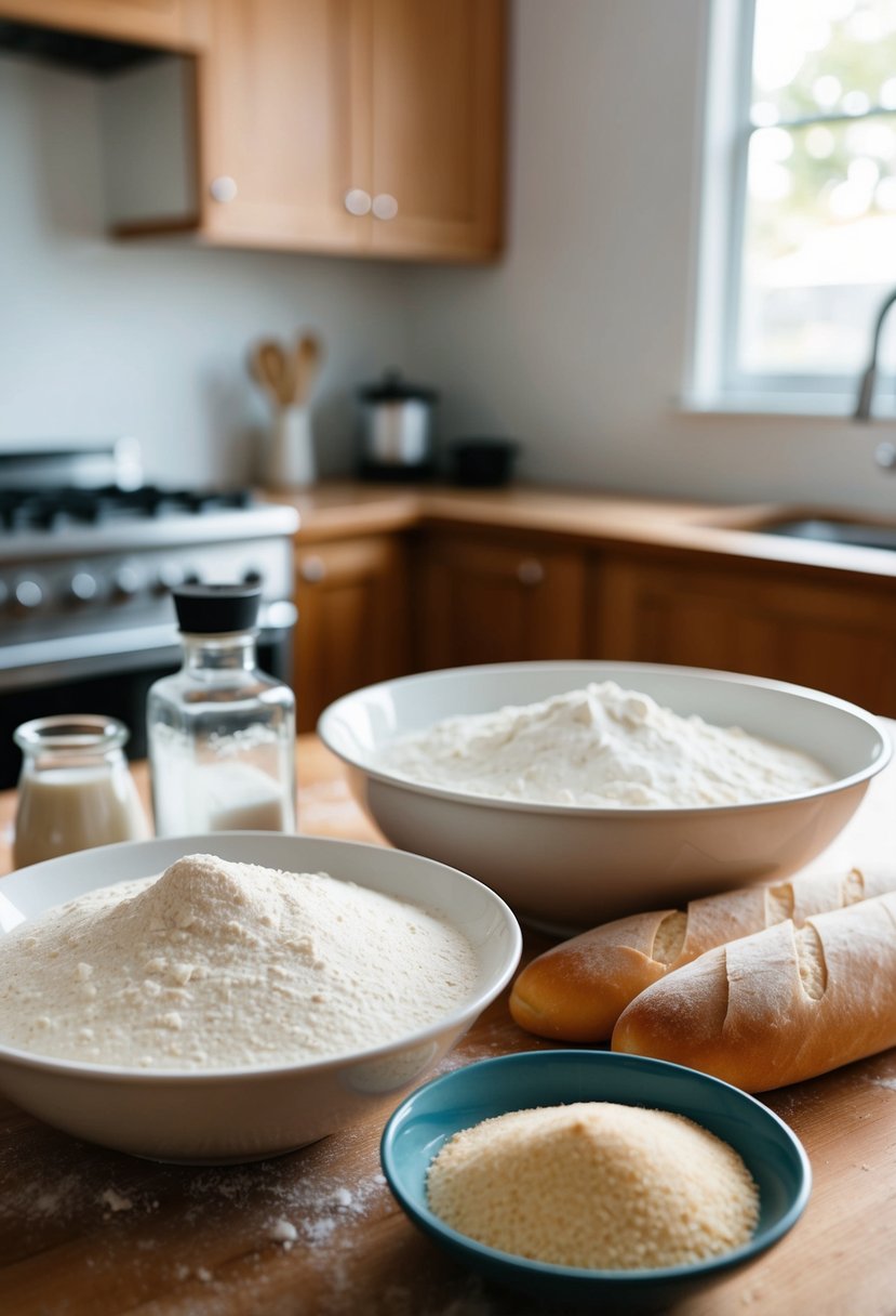 A kitchen counter with ingredients for baguette dough, including flour, water, salt, sugar, and a bowl of active dry yeast