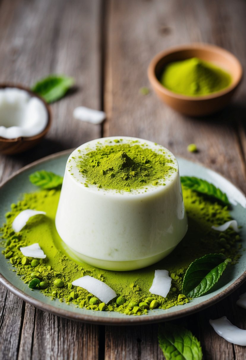 A coconut matcha panna cotta sits on a rustic wooden table, surrounded by fresh green matcha powder, coconut shavings, and a few scattered matcha leaves