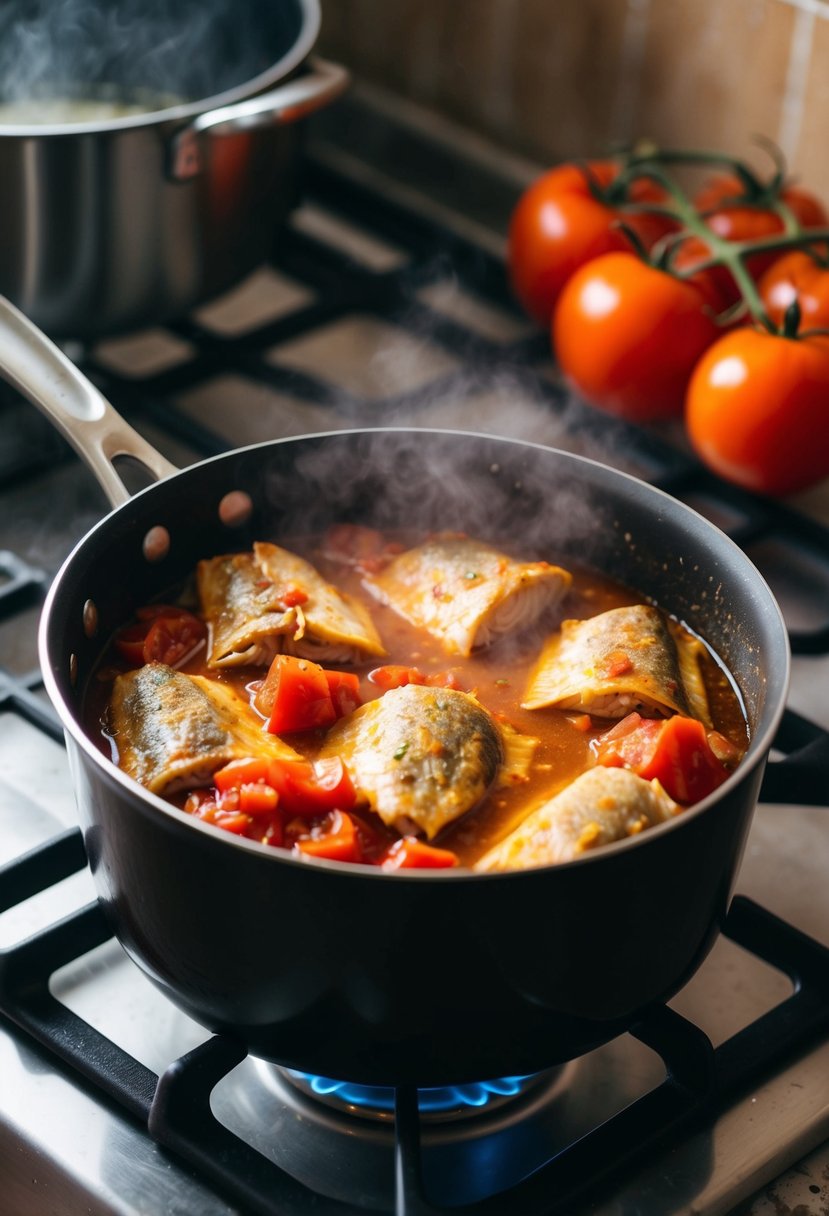 A bubbling pot of fish adobo with tomatoes, simmering on a stove