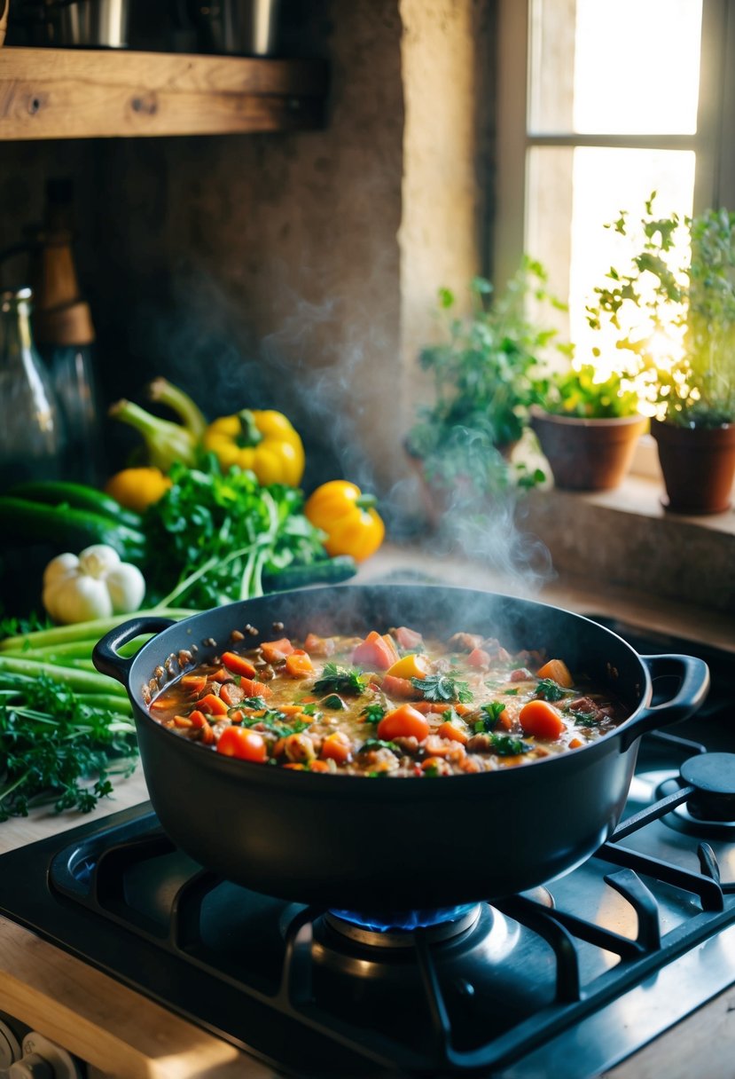 A rustic kitchen with fresh vegetables, herbs, and a bubbling pot of ratatouille on a stove. Sunlight streams through a window, casting warm shadows