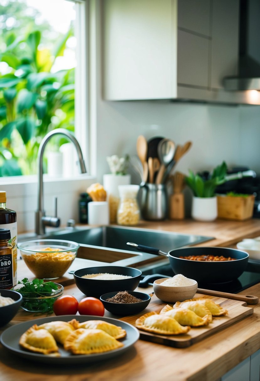 A kitchen counter with various ingredients and utensils for making adobo empanadas