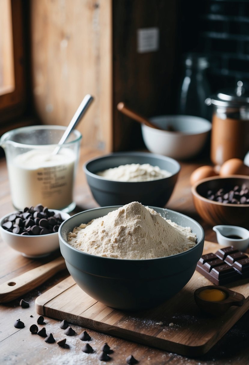 A rustic kitchen counter with a mixing bowl of rye flour, chocolate chips, and recipe ingredients