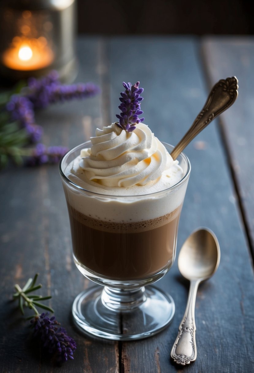 A glass of whipped Dalgona coffee sits on a rustic table with a vintage spoon and a sprig of lavender