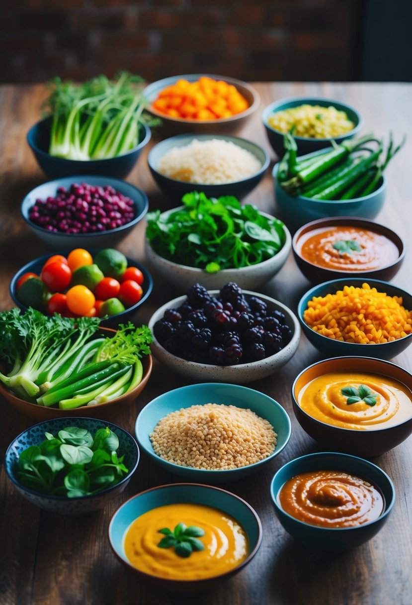 A colorful array of fresh vegetables, grains, and sauces arranged in artistic bowls