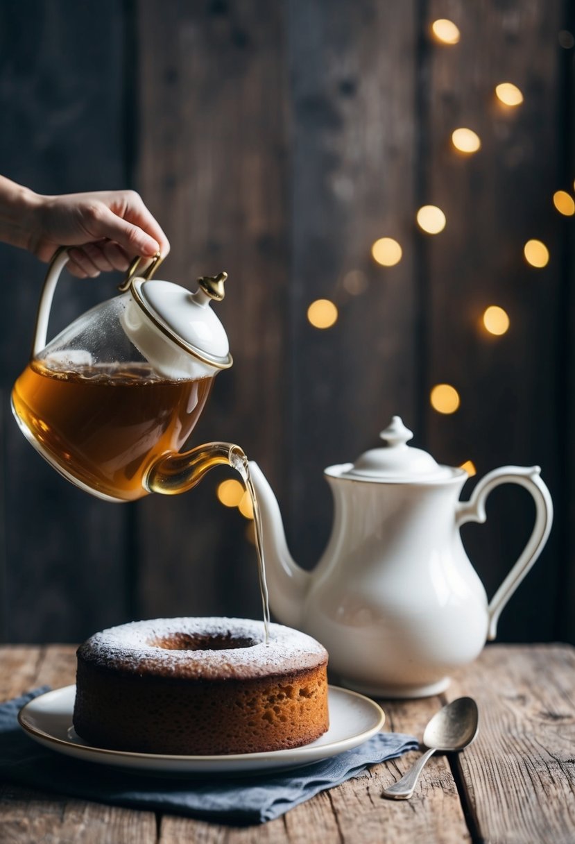 A vintage teapot pouring Earl Grey tea over a freshly baked cake on a rustic wooden table