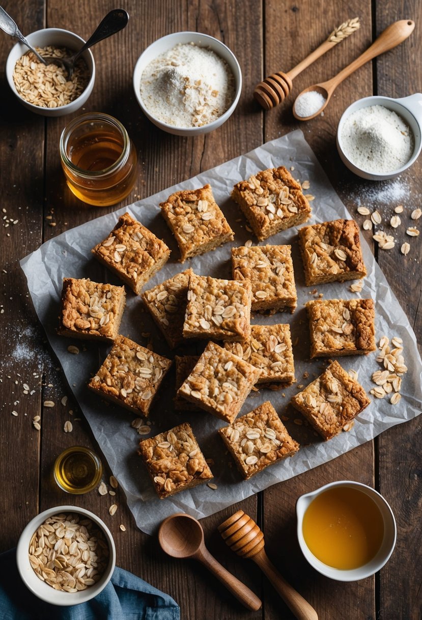 A rustic wooden table with a spread of freshly baked oatmeal bars, surrounded by vintage baking tools and ingredients like oats, flour, and honey