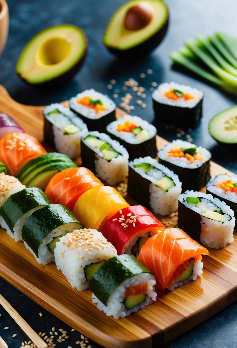 A wooden sushi board with a variety of colorful vegan sushi rolls arranged in a rainbow pattern, surrounded by fresh ingredients like avocado, cucumber, and sesame seeds