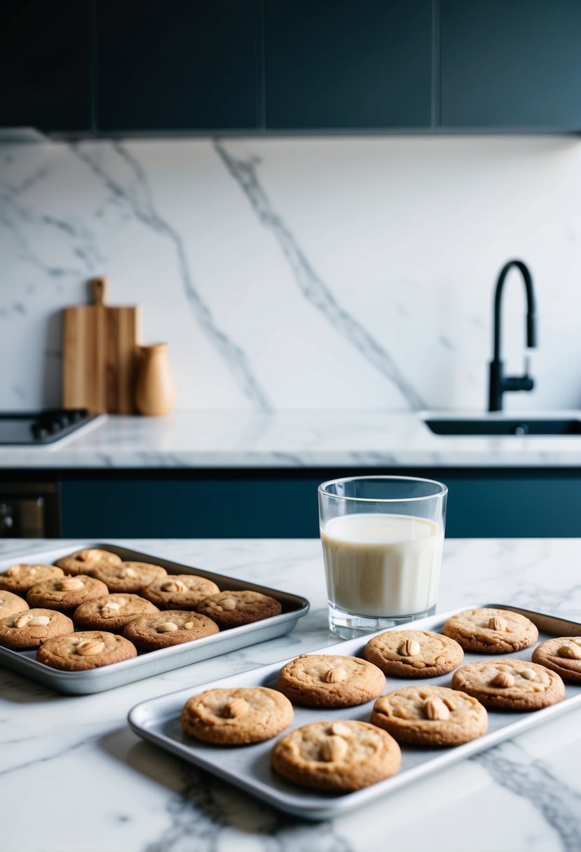 A clean, modern kitchen with a marble countertop, a tray of perfectly golden almond cookies, and a glass of milk