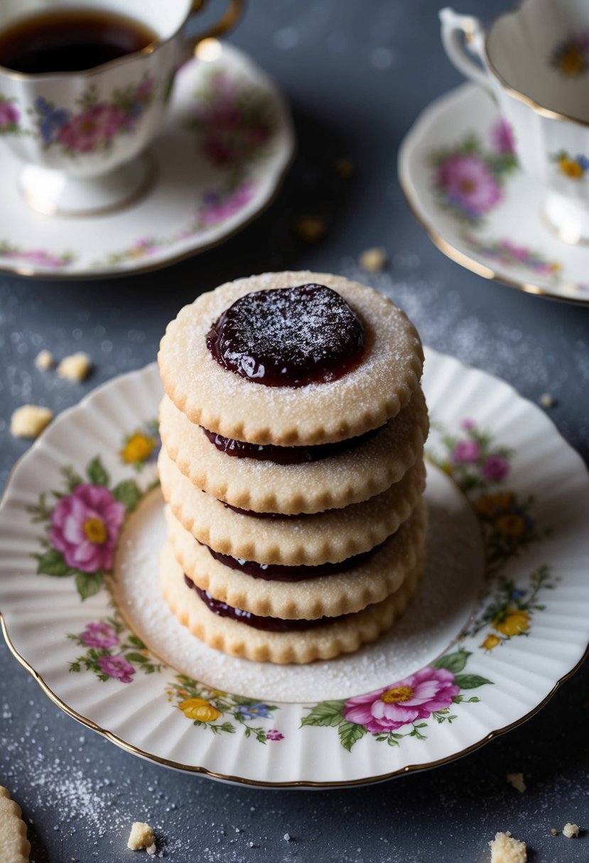 A delicate stack of sugar-dusted jam shortbread cookies on a vintage floral plate, surrounded by scattered crumbs and a dainty teacup