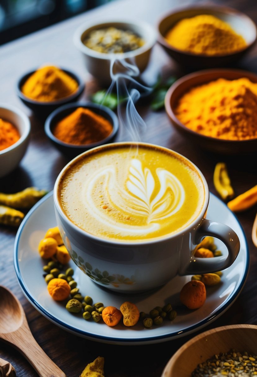 A cozy cafe table with a steaming mug of turmeric golden latte, surrounded by vibrant yellow and orange spices and fresh ingredients