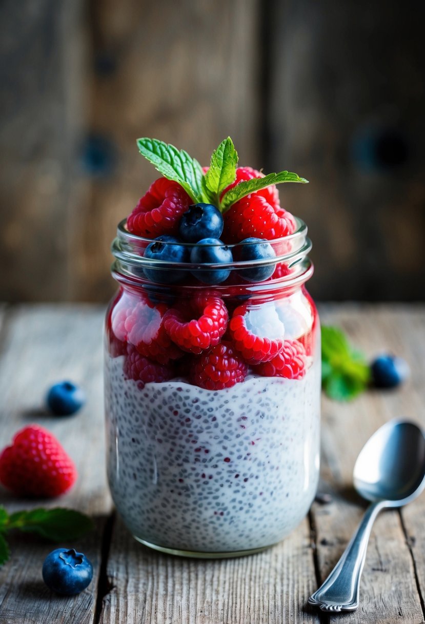 A glass jar filled with layered raspberry chia pudding, topped with fresh berries and mint leaves, sitting on a rustic wooden table