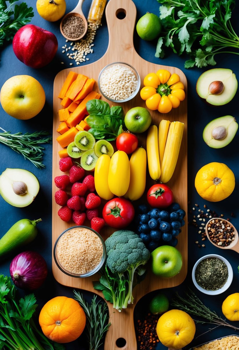 A colorful array of fresh fruits, vegetables, and whole grains arranged on a wooden cutting board, surrounded by vibrant herbs and spices