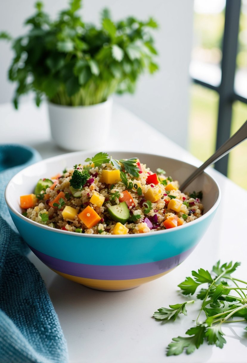 A colorful bowl of rainbow quinoa salad with vibrant vegetables and fresh herbs, set against a clean, modern backdrop