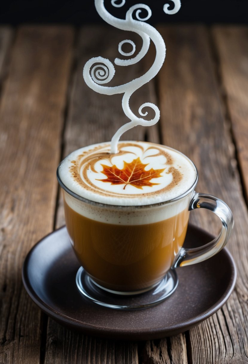 A steaming pumpkin spice latte sits on a rustic wooden table, adorned with a delicate and intricate foam art design of a swirling autumn leaf