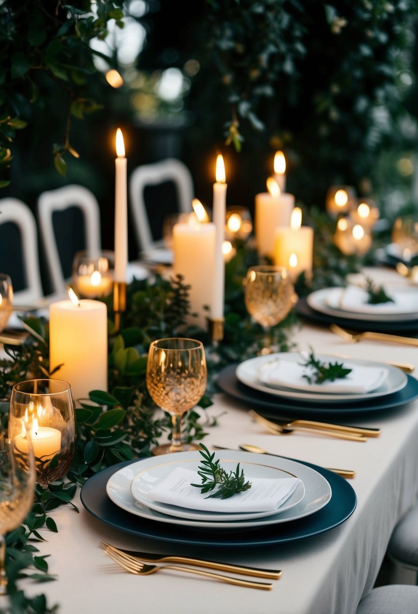 A table set with elegant dishes, surrounded by flickering candles and lush greenery, creating a warm and inviting atmosphere for a picturesque dinner setting