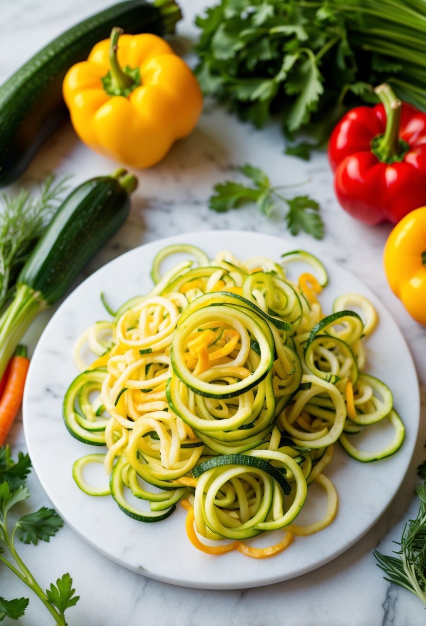 A colorful array of spiralized zucchini noodles, surrounded by vibrant vegetables and herbs on a clean, white marble surface