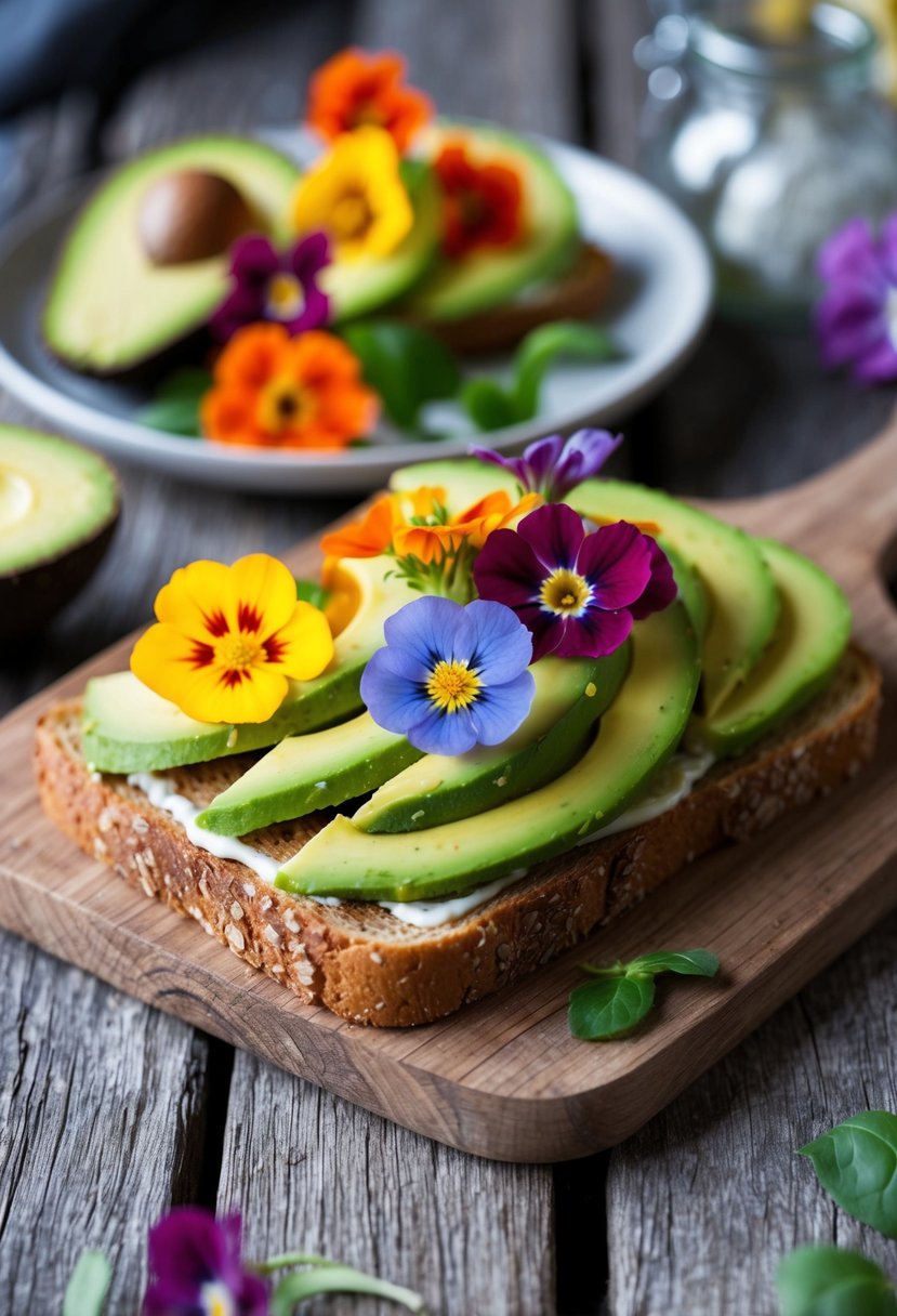 Avocado toast topped with colorful edible flowers on a rustic wooden board