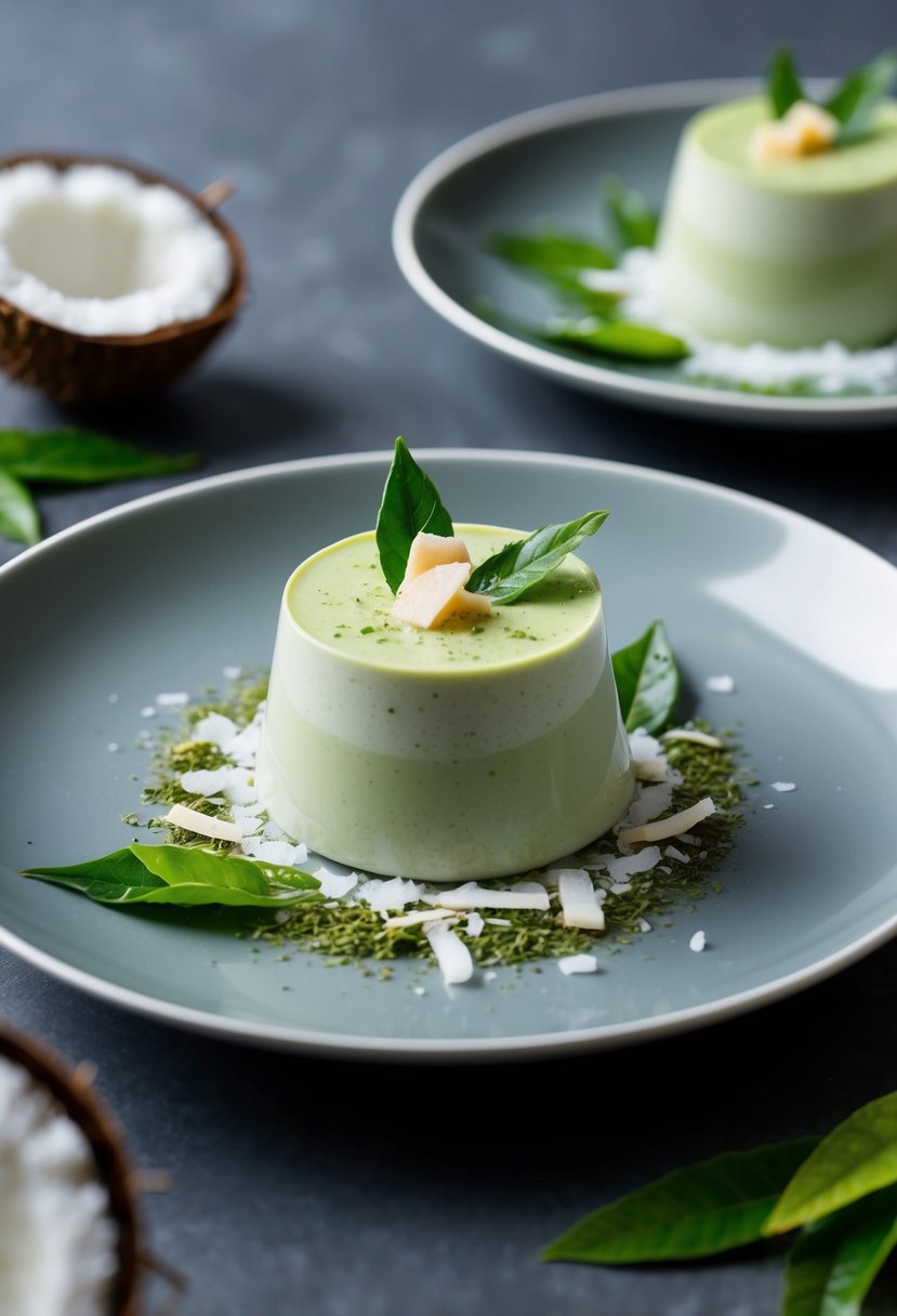 A coconut matcha panna cotta dessert surrounded by decorative green tea leaves and coconut shavings on a sleek, modern dinner table