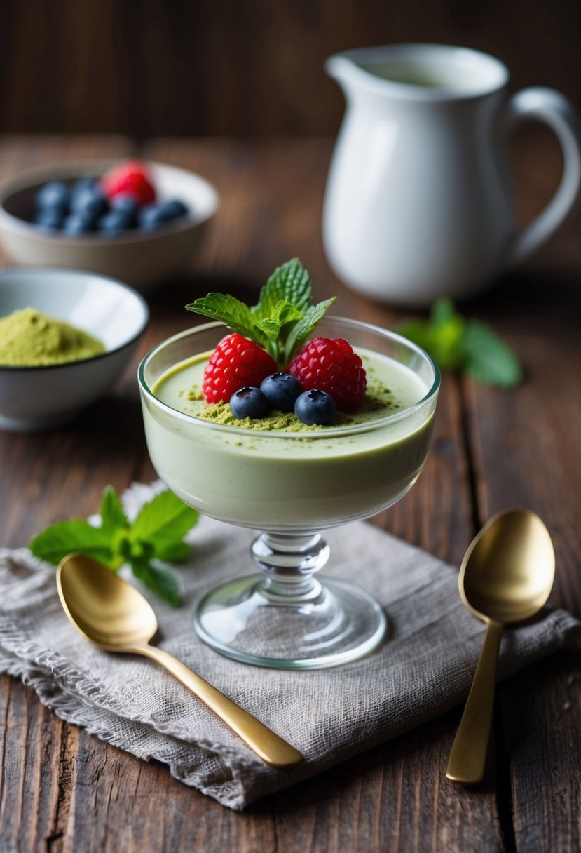 A glass dish of dairy-free coconut matcha panna cotta topped with fresh berries and a sprig of mint, set on a rustic wooden table