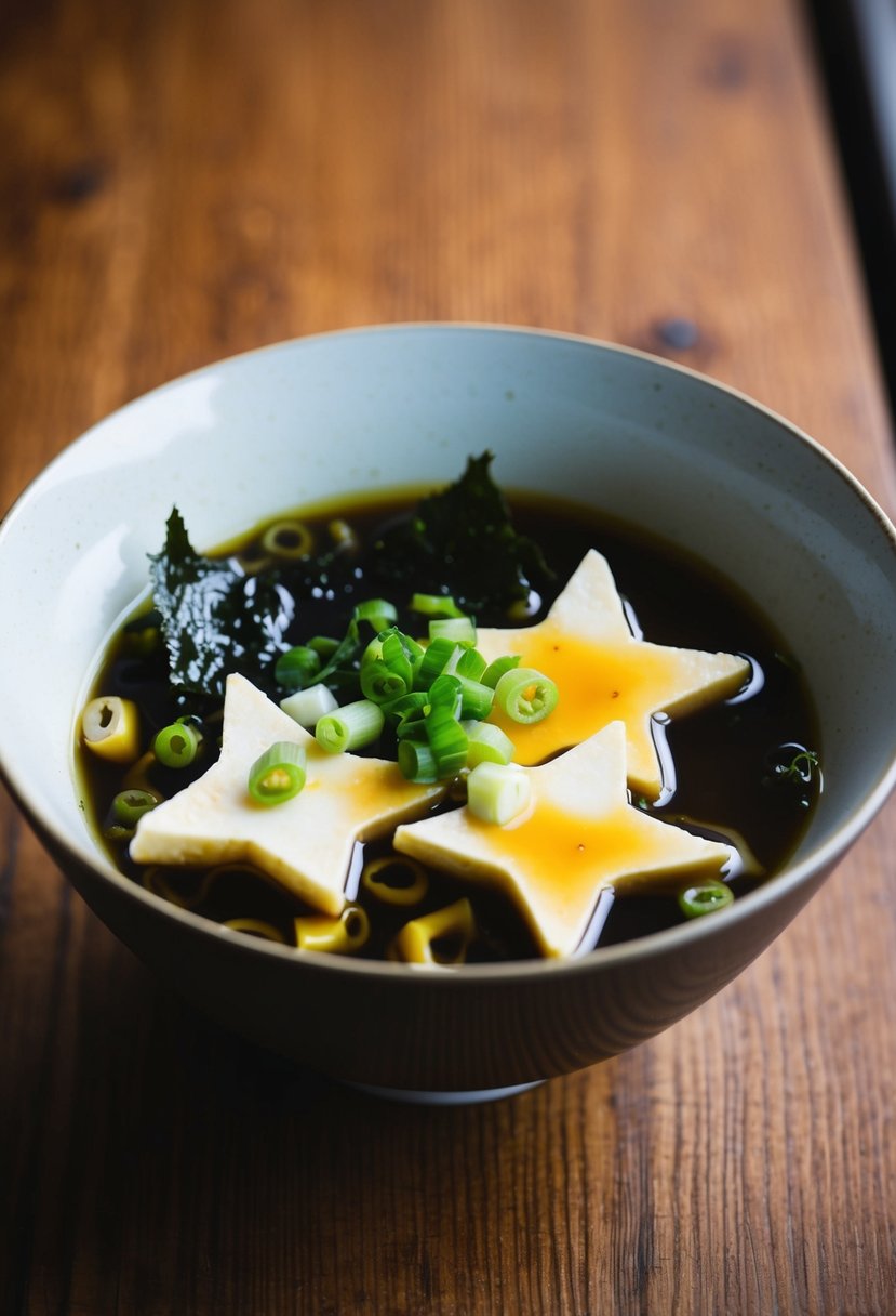 A bowl of miso soup with tofu stars, garnished with green onions and seaweed, sits on a wooden table