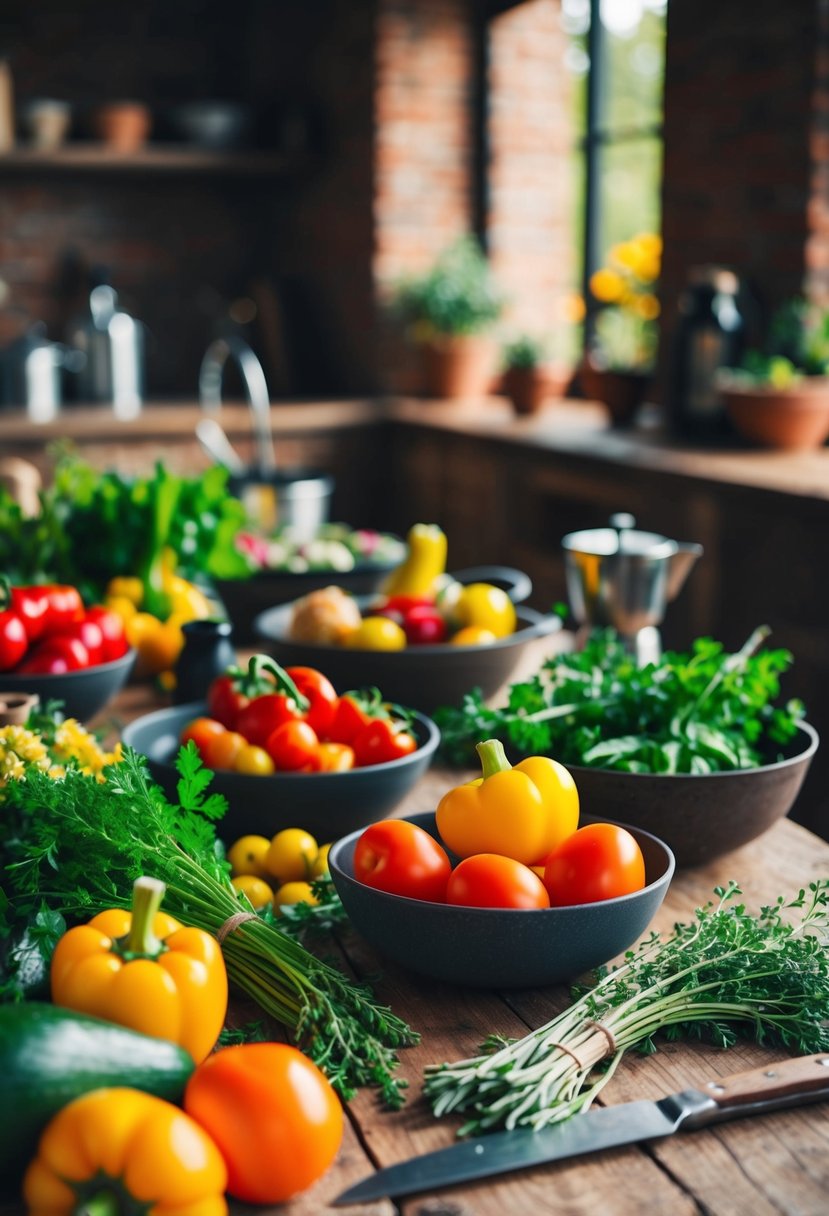 A rustic table set with colorful vegetables, herbs, and cooking utensils, with a warm and cozy ambiance