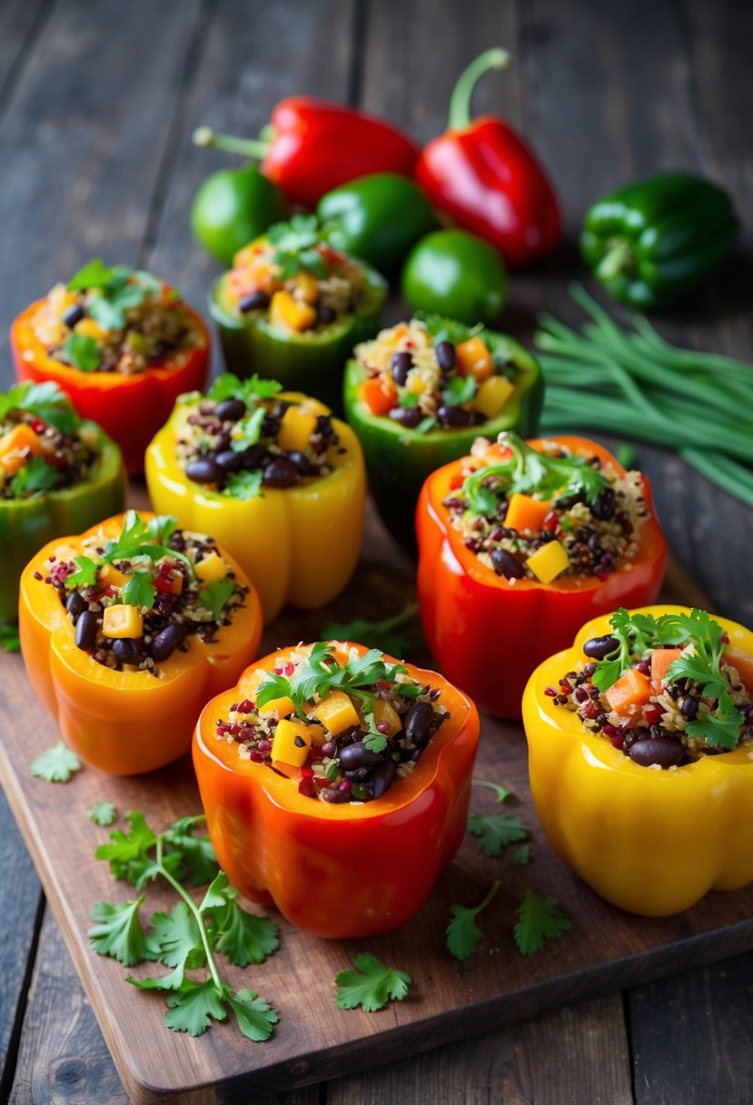 Fresh bell peppers stuffed with colorful quinoa, black beans, and vibrant vegetables, arranged on a rustic wooden cutting board