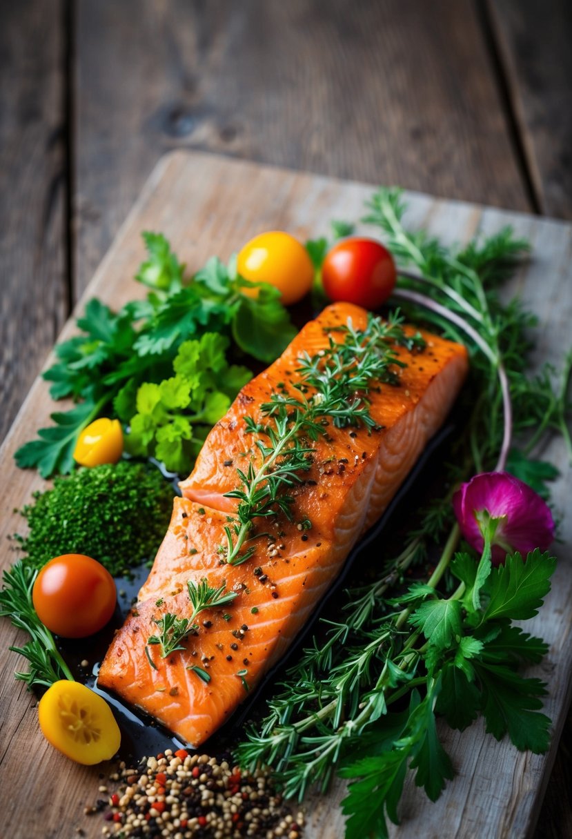 A vibrant array of fresh herbs and spices adorning a perfectly seared salmon fillet, set against a rustic wooden backdrop