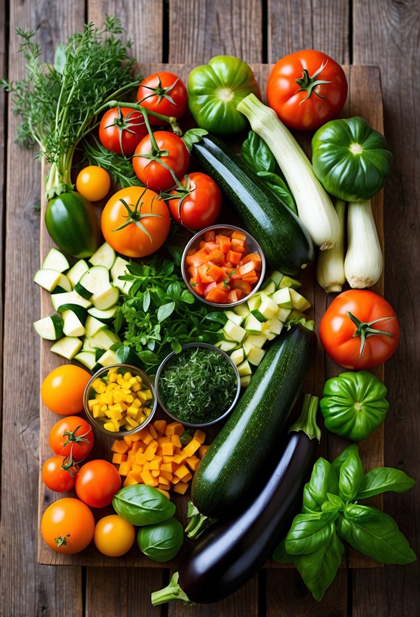 A rustic wooden table adorned with a colorful array of freshly chopped vegetables and herbs, including tomatoes, zucchini, eggplant, and basil, ready to be transformed into a delicious fall ratatouille