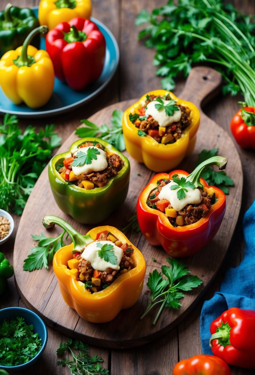 A rustic wooden table set with colorful vegan stuffed bell peppers, surrounded by fresh herbs and vibrant vegetables