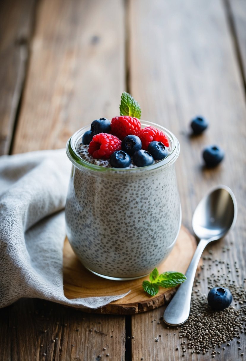 A glass jar filled with chia seed pudding topped with fresh berries and a sprinkle of chia seeds, set against a backdrop of rustic wooden table and a linen napkin