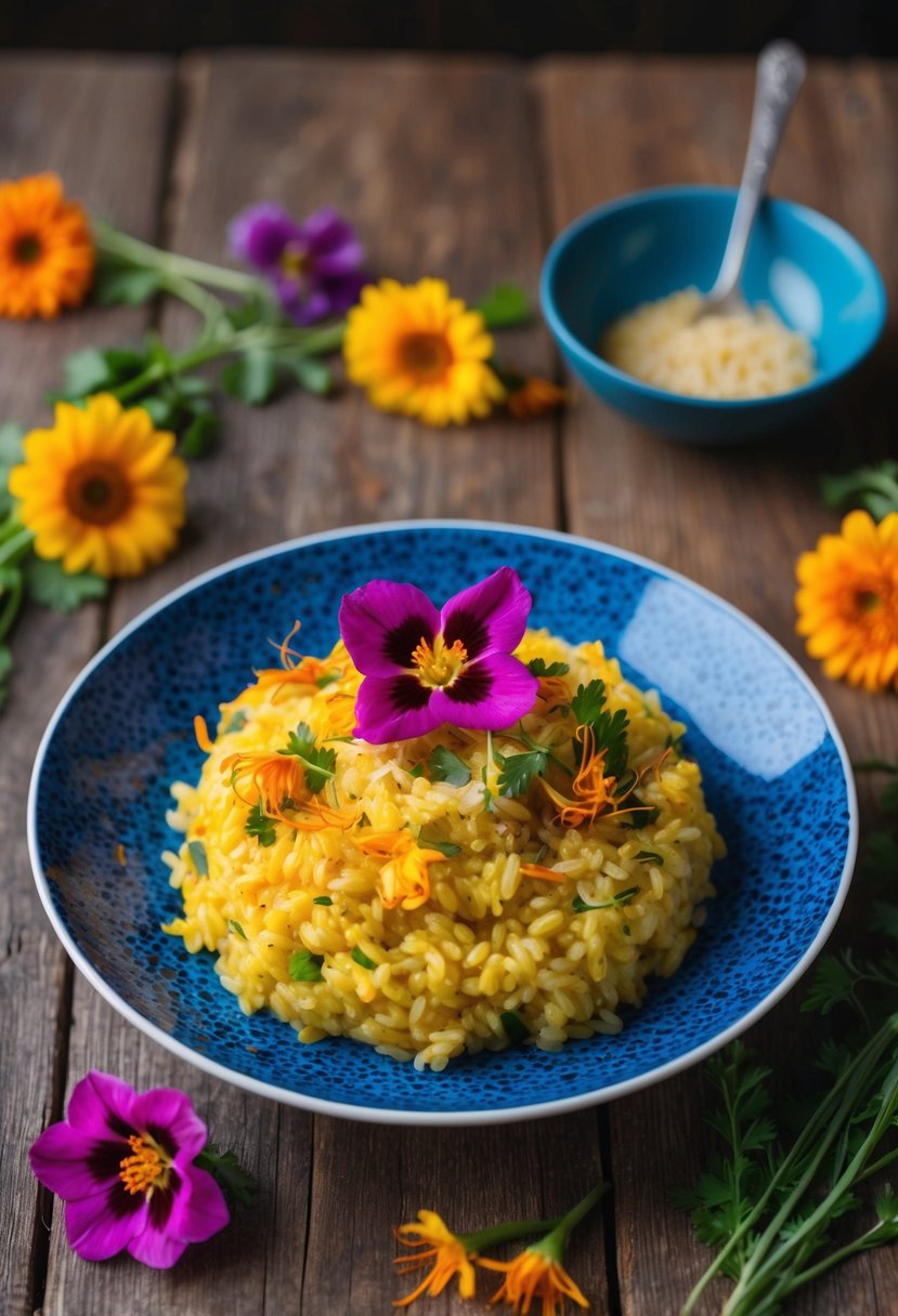 A colorful plate of saffron risotto adorned with vibrant edible flowers on a rustic wooden table