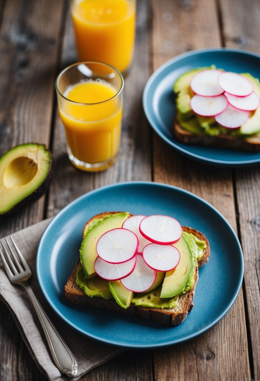 A rustic wooden table set with a plate of avocado toast topped with thinly sliced radishes, next to a glass of freshly squeezed orange juice