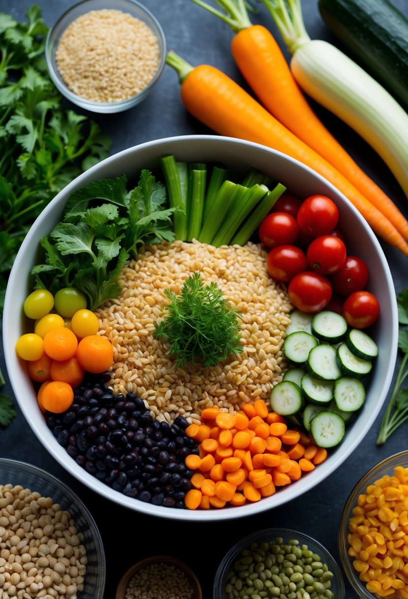 A colorful array of fresh vegetables, grains, and legumes arranged in a visually appealing manner in a bowl