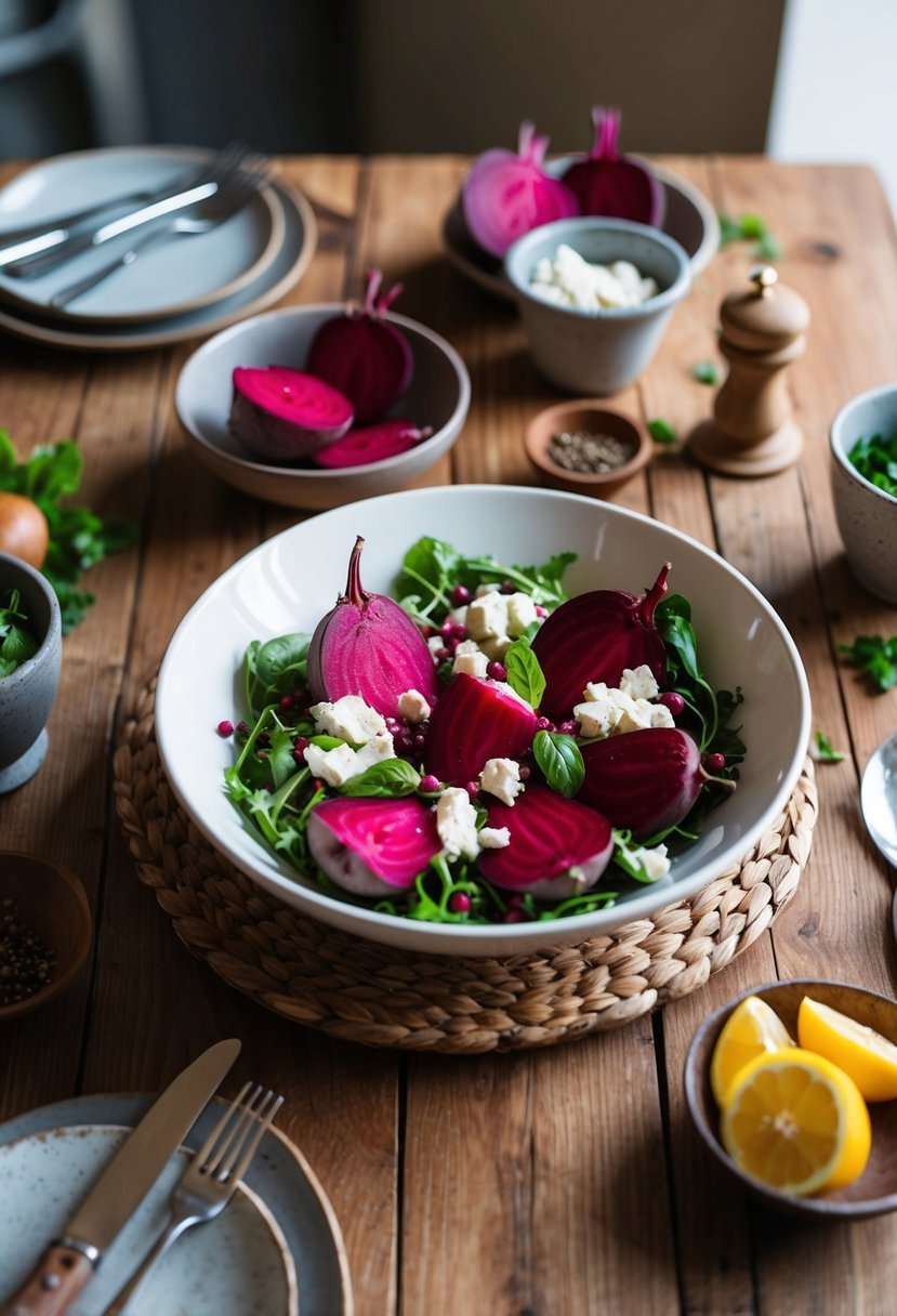 A wooden table set with a vibrant beetroot and goat cheese salad, surrounded by fresh ingredients and rustic dinnerware