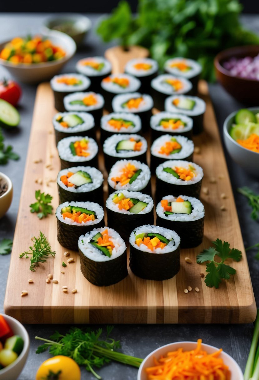 A vibrant array of veggie sushi rolls arranged on a wooden board with assorted colorful vegetables and herbs scattered around