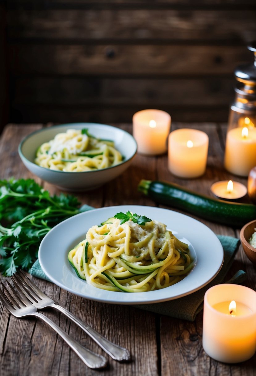 A rustic wooden table set with a plate of zucchini noodle alfredo, surrounded by fresh ingredients and a cozy candlelit ambiance