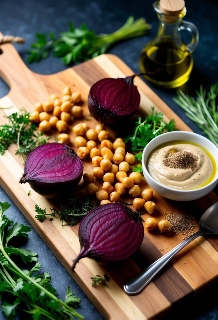 A wooden cutting board with roasted beets, chickpeas, tahini, and olive oil surrounded by fresh herbs and spices