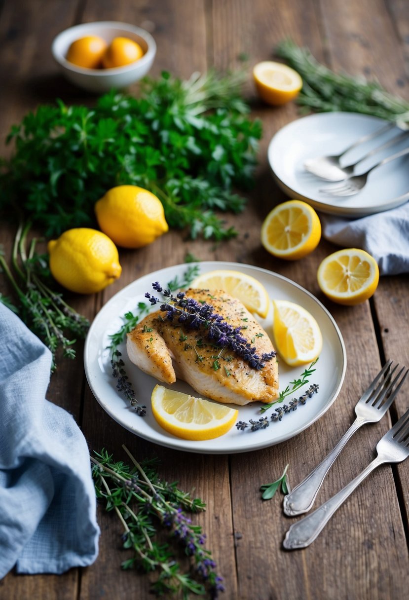 A rustic wooden table set with a plate of lavender lemon chicken, surrounded by fresh herbs and citrus fruits