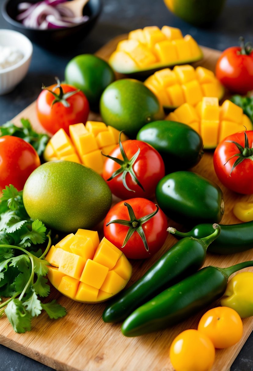 A colorful assortment of ripe mangoes, tomatoes, cilantro, and jalapeños arranged on a wooden cutting board, ready to be chopped and mixed into a vibrant salsa