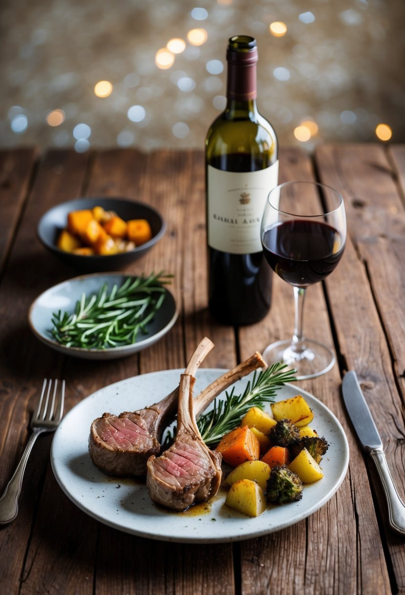 A rustic wooden table set with rosemary garlic lamb chops, roasted vegetables, and a bottle of red wine