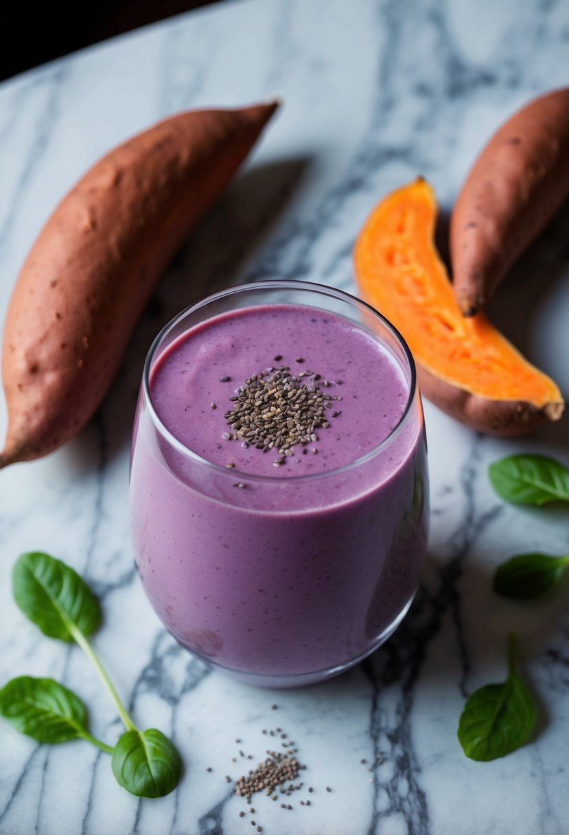 A glass of purple sweet potato smoothie surrounded by fresh sweet potatoes, coconut milk, and a sprinkle of chia seeds on a marble countertop